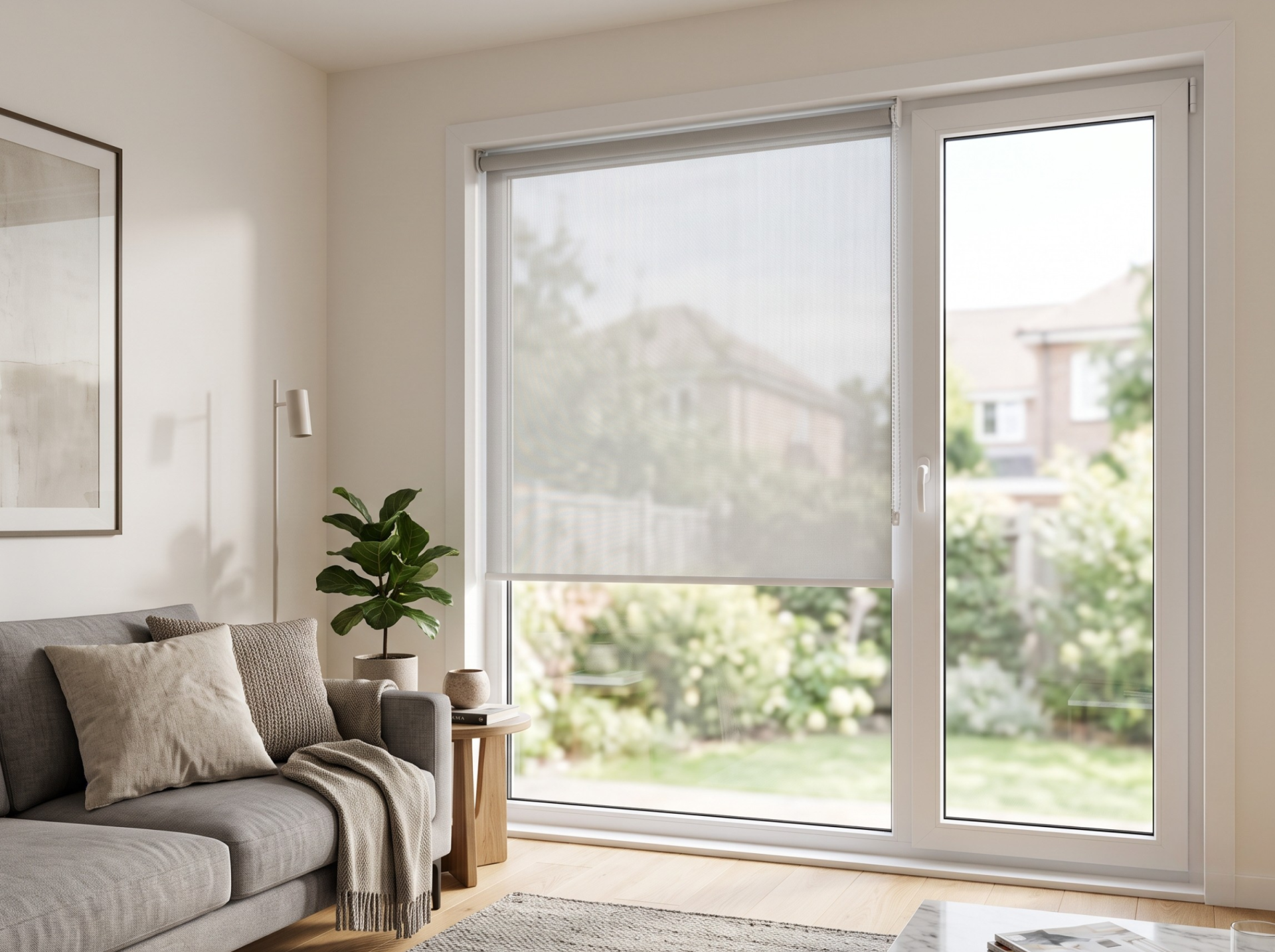 Cortina roller instalada en ventana de PVC
